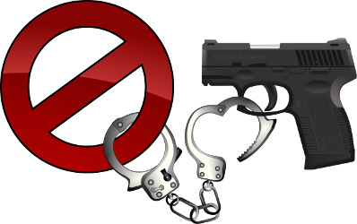 Pistole, die mit Handschellen an ein Verbotsschild gekettet wird
